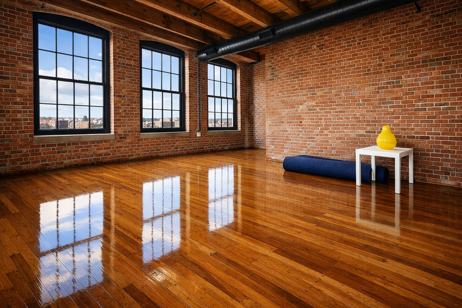 Spotless hardwood floors in a Lowell loft following professional move-in/move-out cleaning Lowell.
