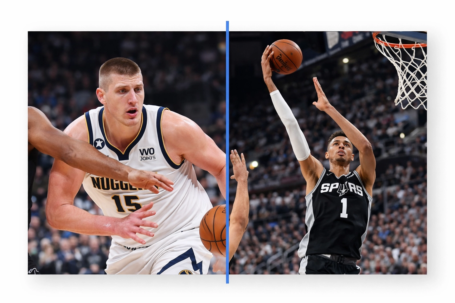 Side-by-side in-game action photos of Nikola Jokic and Victor Wembanyama