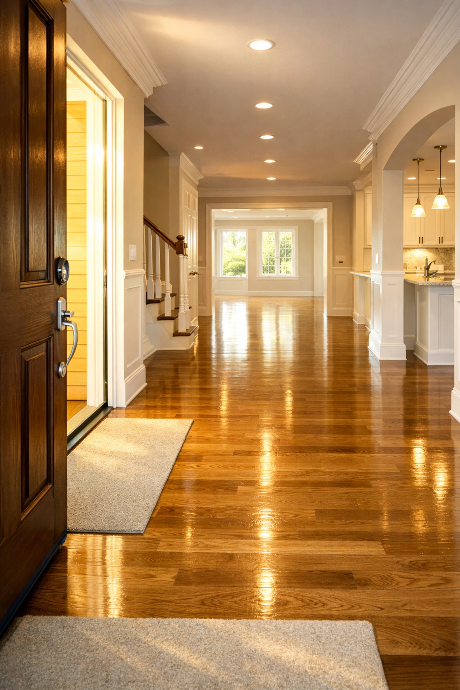 View from the foyer of a spotless, move-out ready home in Bolton with gleaming floors and bright interiors.
