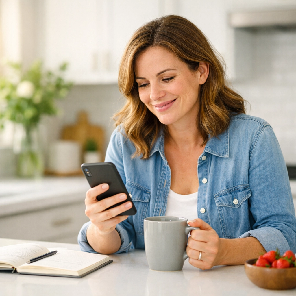 Woman applying for life insurance in minutes on her phone with a relieved smile in a bright kitchen.