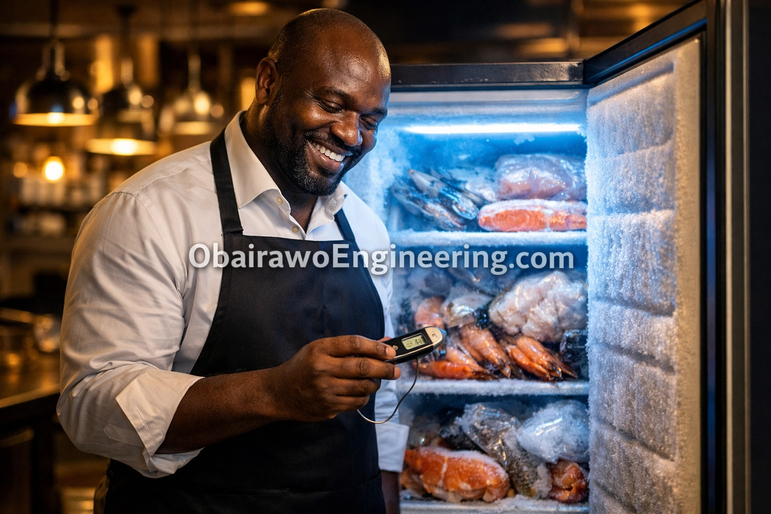 Successful business owner checking frozen stock in an Obairawo self-powering standing freezer.
