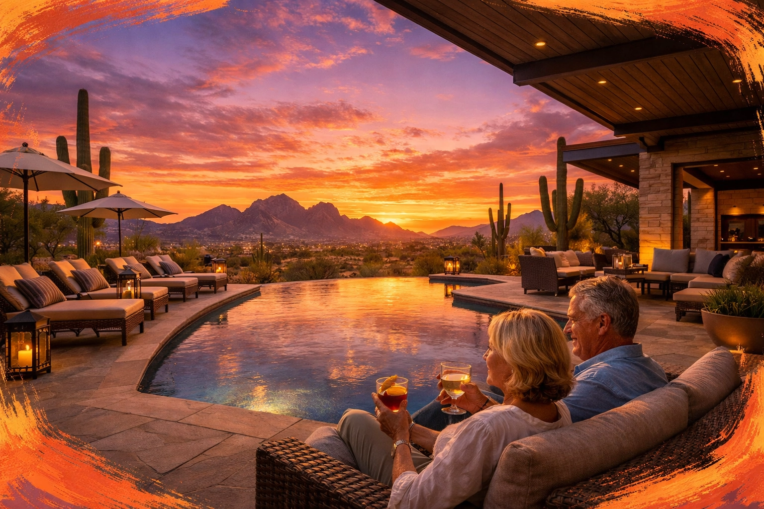 Resort-style pool and patio at Arizona 55+ community with mountain views and sunset