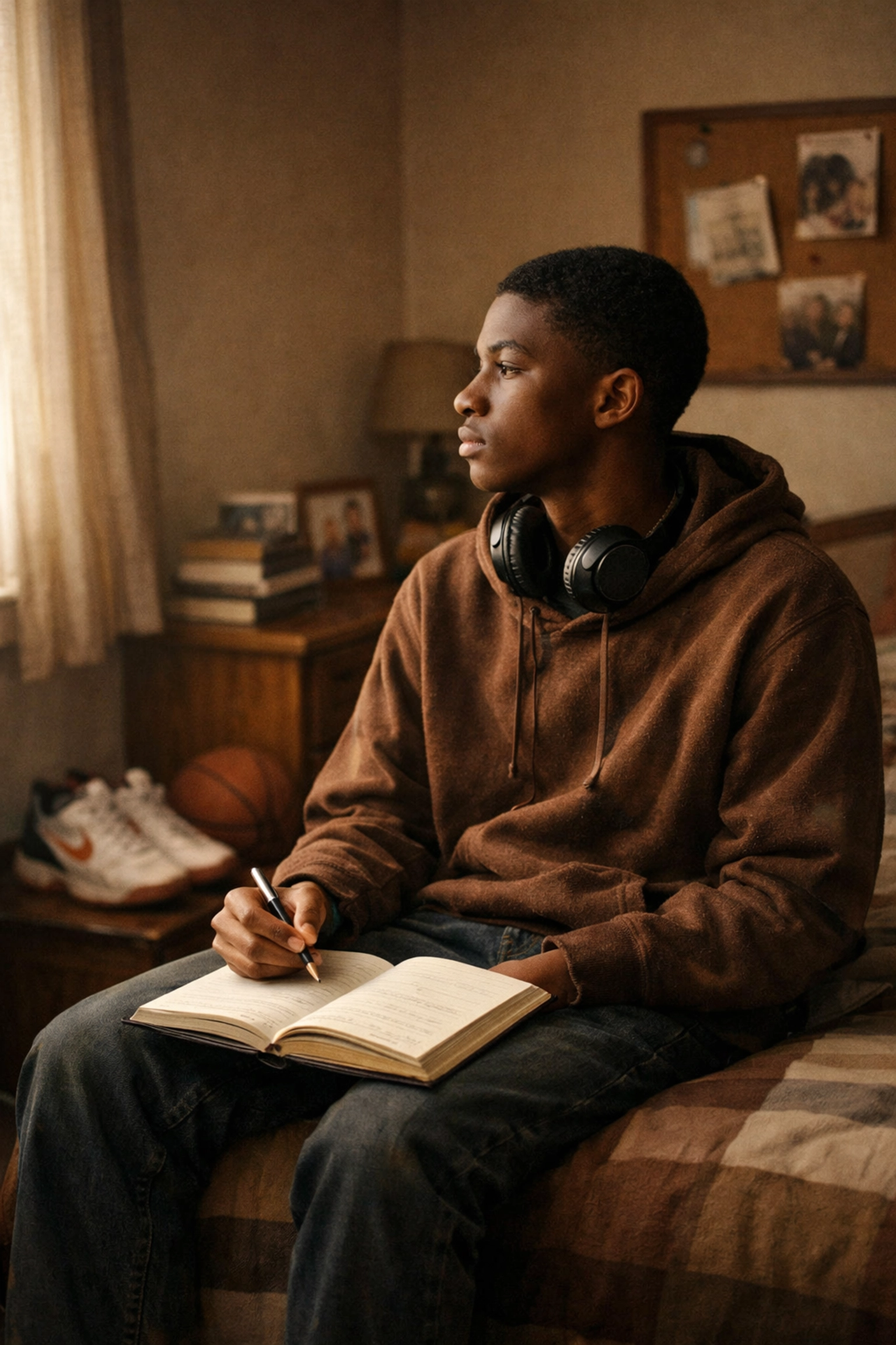 Black male teenager journaling in bedroom, processing emotions and practicing vulnerability