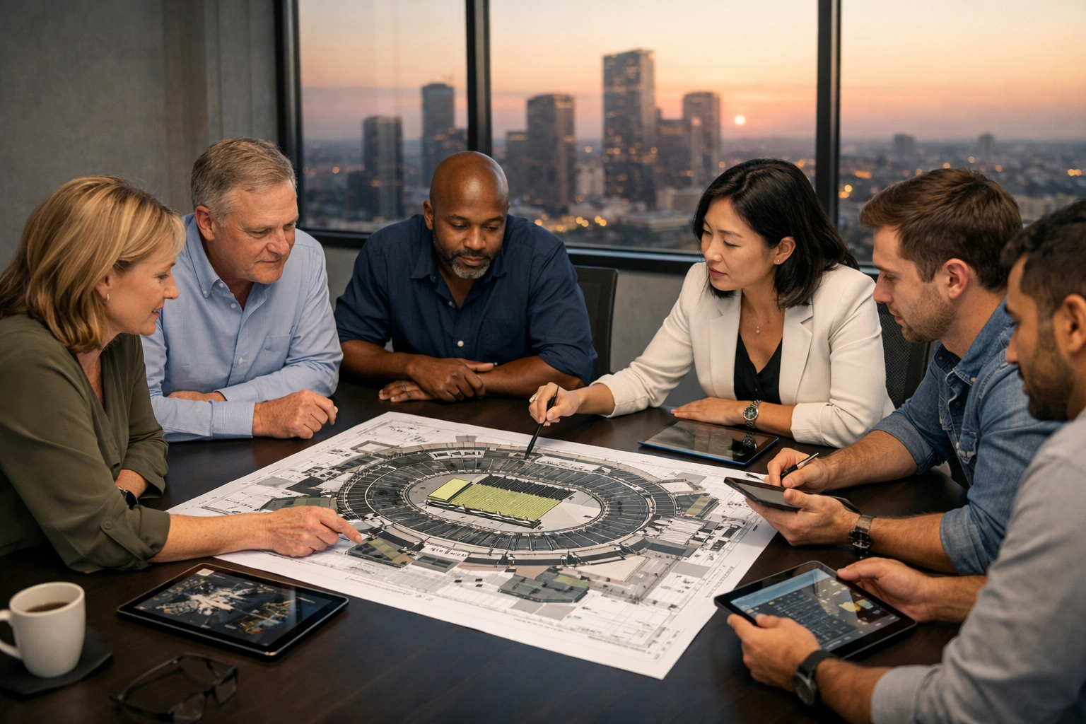 Strategic event planning team at Dakdan Worldwide discussing stadium production logistics in a boardroom.