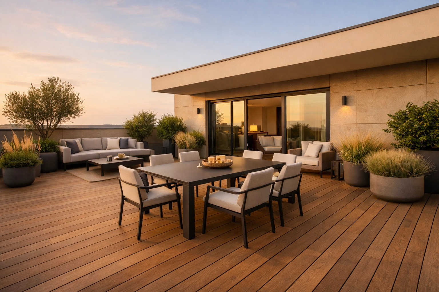 Gemütliche Terrasse mit Holzboden und modernen Outdoor-Möbeln für Outdoor Living