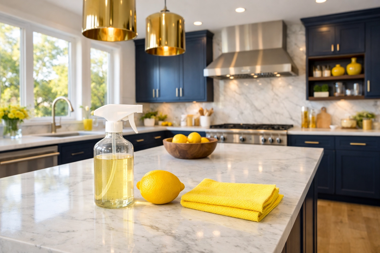 Eco-friendly deep cleaning Worcester kitchen with natural citrus solutions and marble countertops.