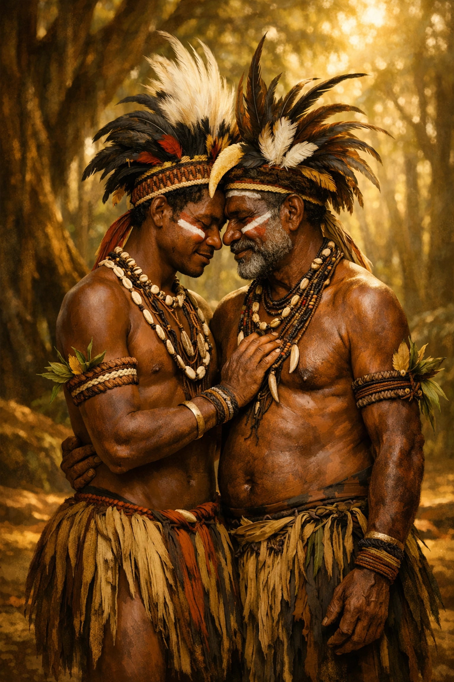 Indigenous Papua New Guinea men in ceremonial dress for sacred male bonding rituals