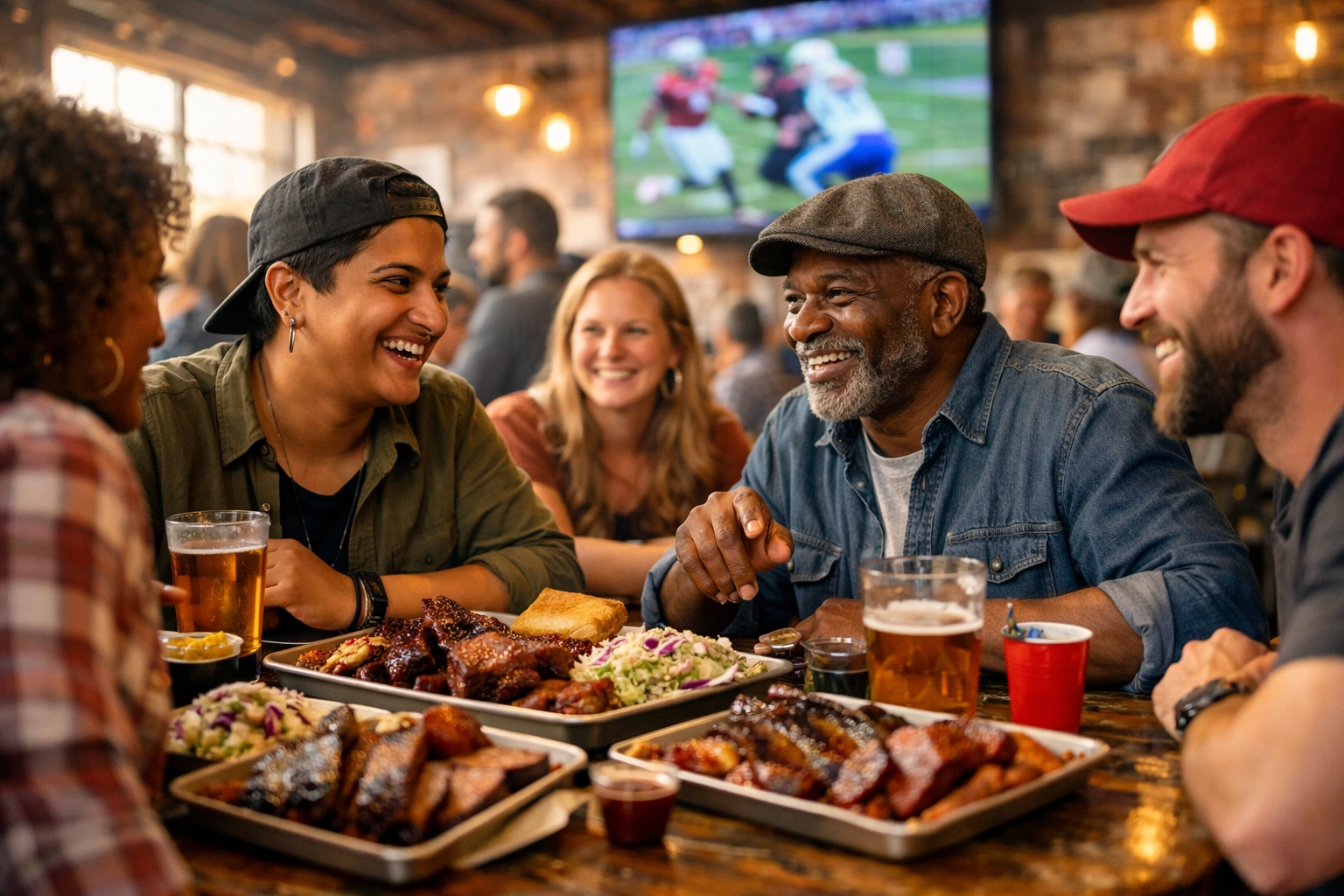 Diverse group of friends enjoying BBQ and drinks at a Berkeley restaurant during weekend brunch.