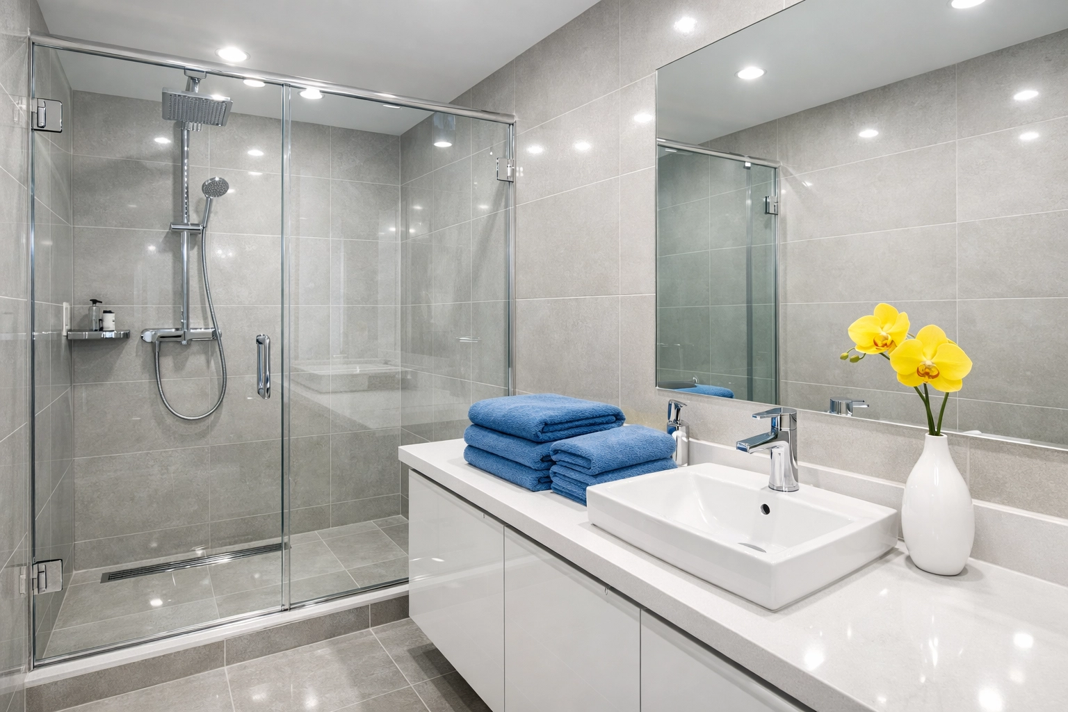 Sanitized luxury bathroom with polished chrome fixtures following a thorough house cleaning in Marlborough.
