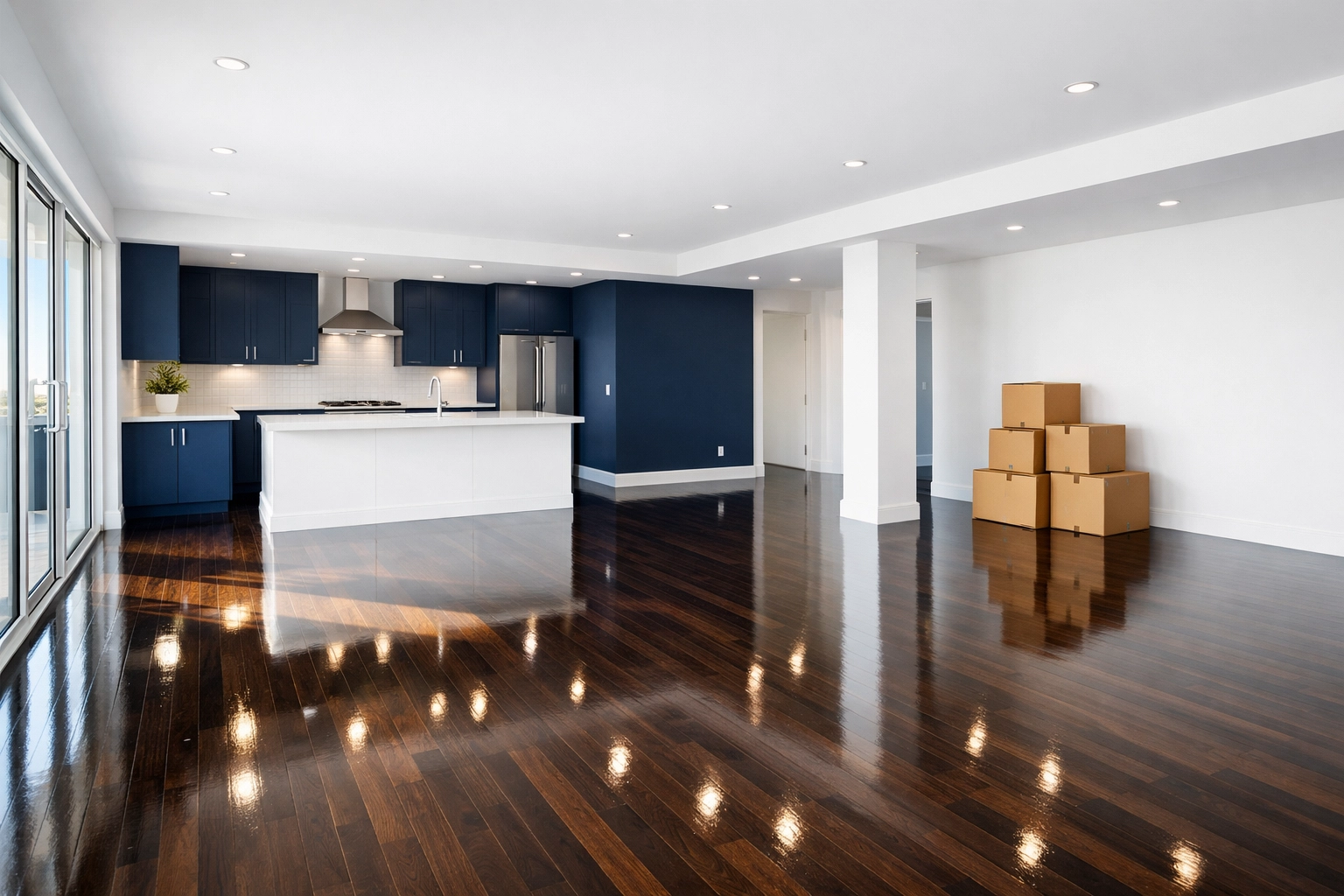 Gleaming hardwood floors in an empty luxury home after move-in house cleaning Pepperell MA services.