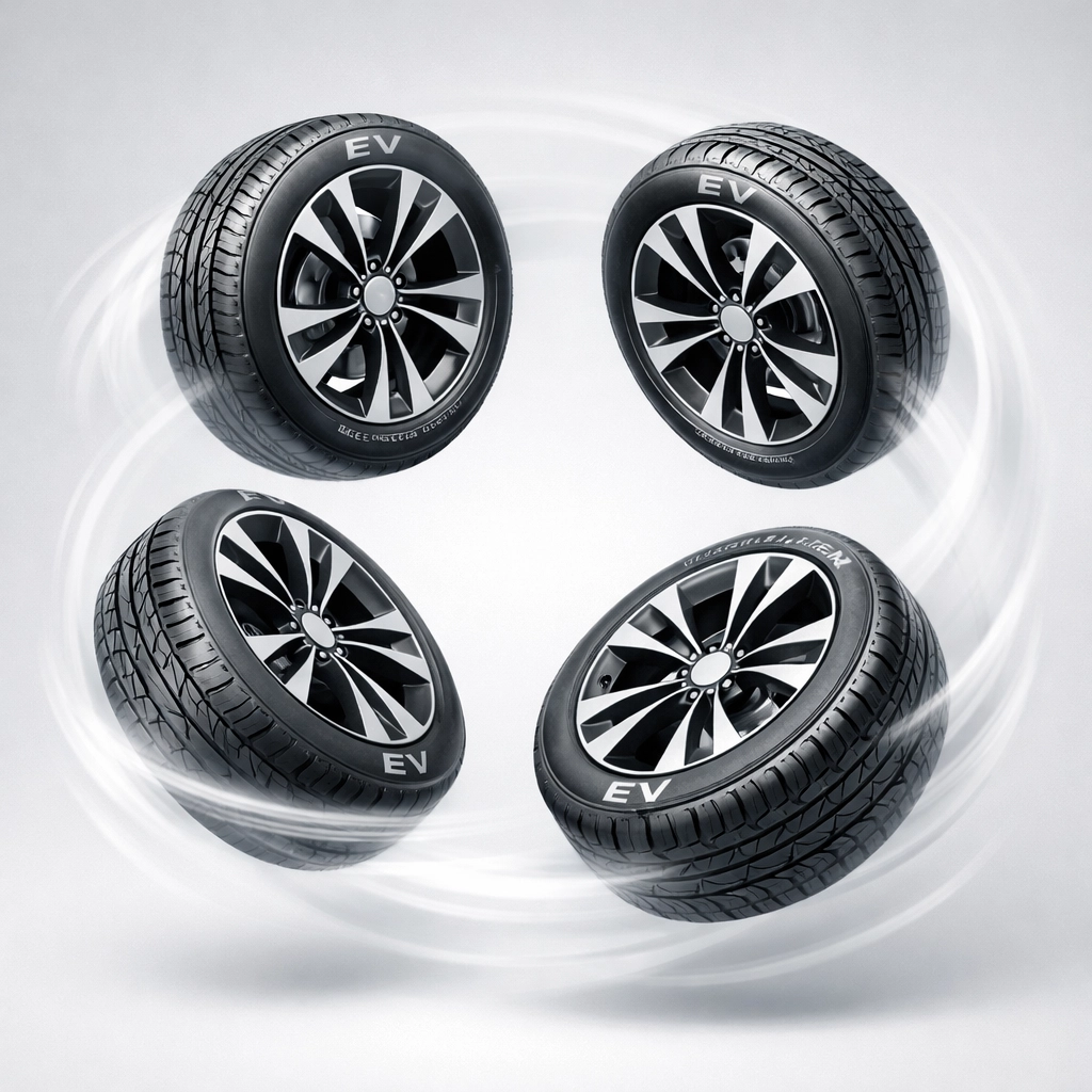 Graphic showing four electric vehicle tires in a rotation cycle to promote even tread wear.