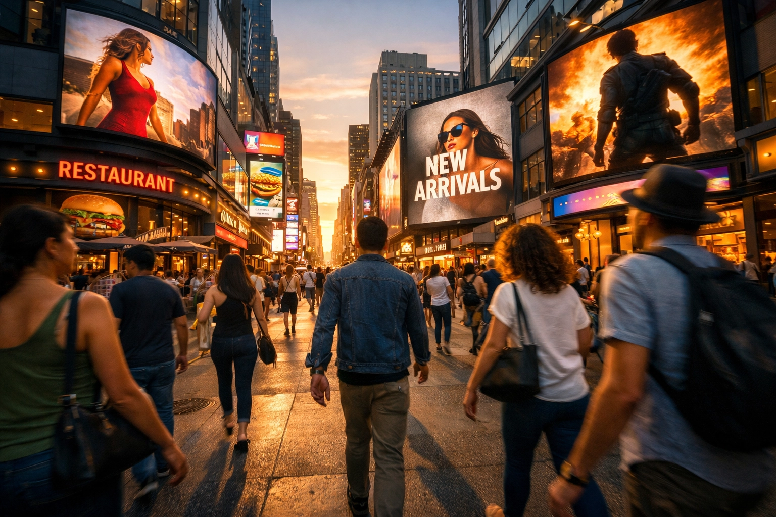 Urban shopping district with digital advertising screens targeting retail venues and foot traffic