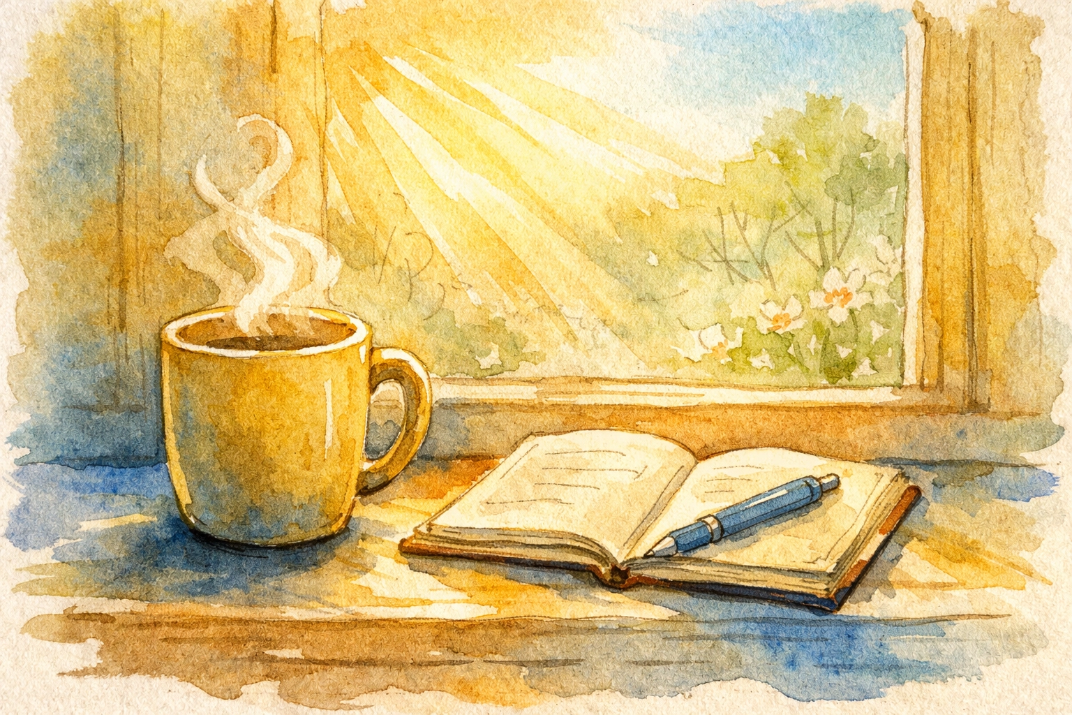 Morning coffee and journal on windowsill for daily gratitude reflection and prayer time