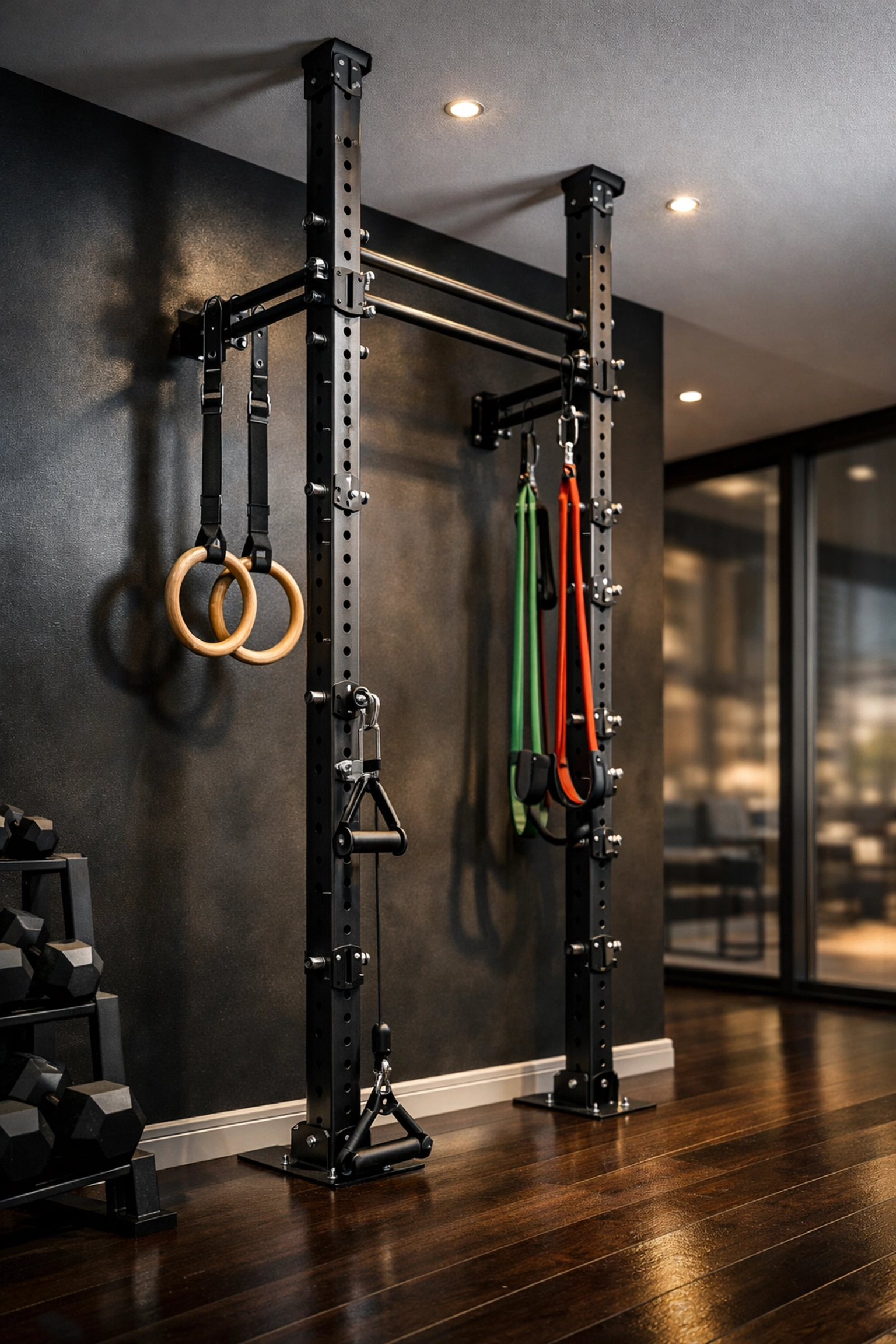 Floor-to-ceiling gym system with gymnastic rings and resistance bands attached