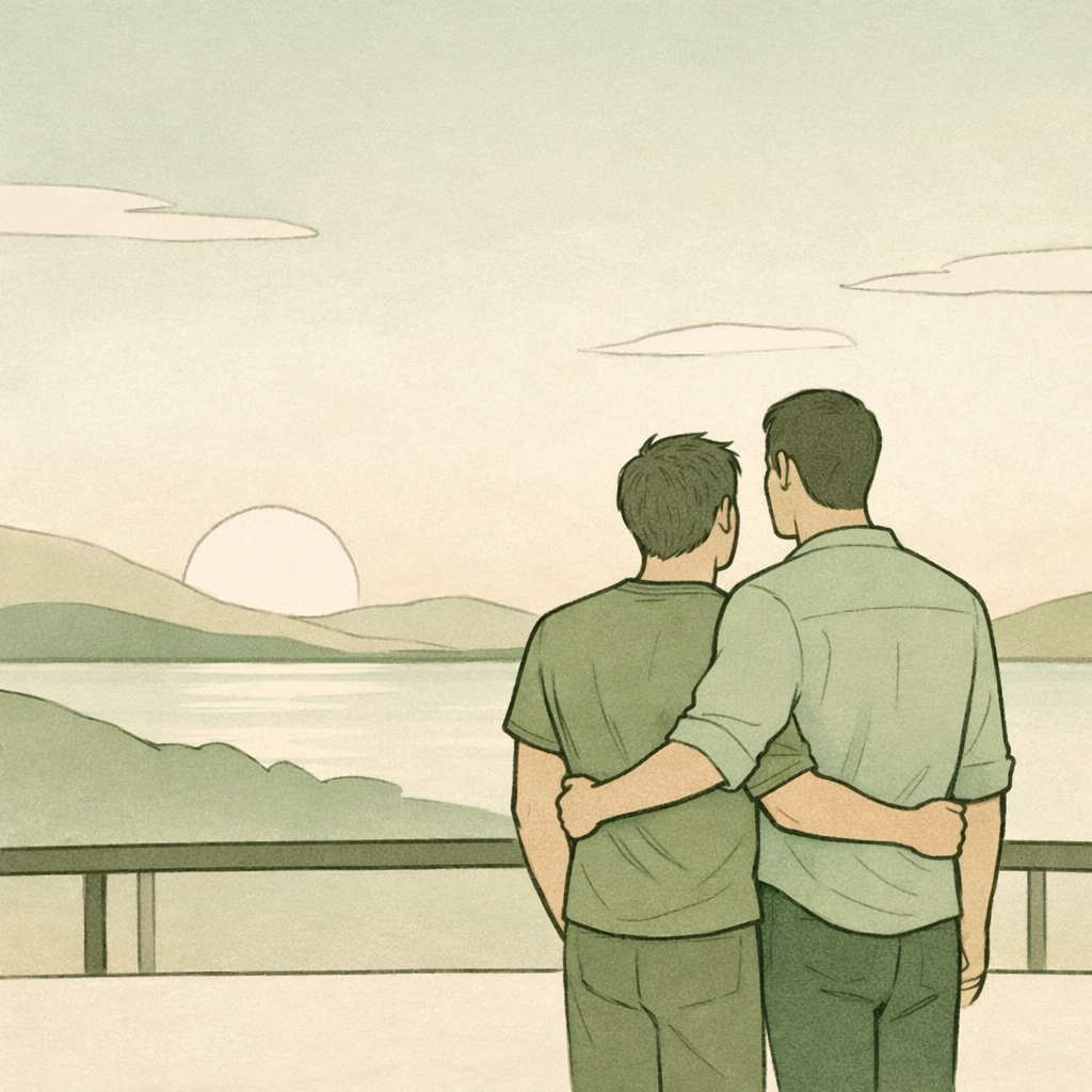 A male couple embracing and looking toward the horizon, symbolizing a happy ending in heartfelt bisexual romance.