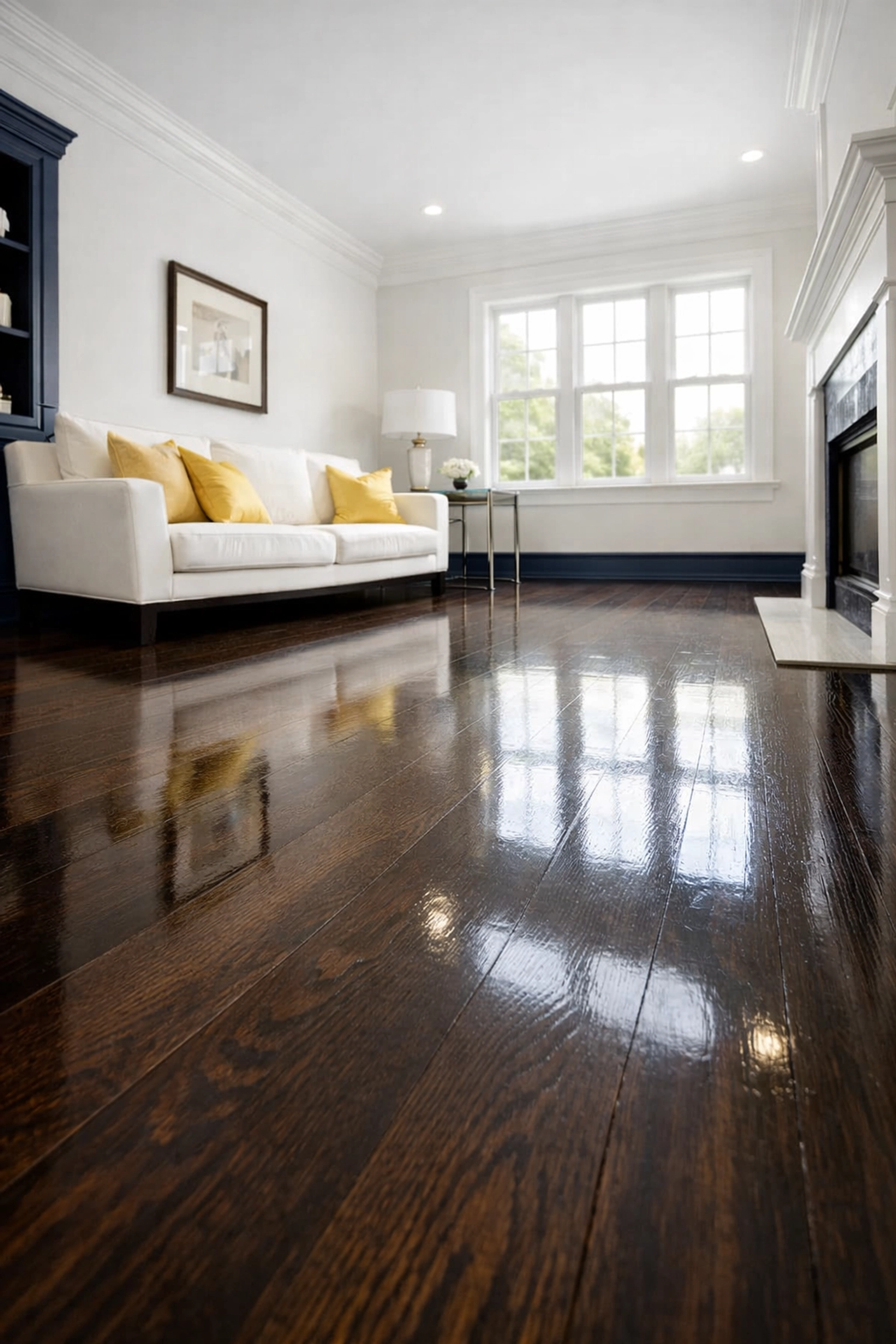 Spotless West Side living room with hardwood floors by professional house cleaning services Worcester MA.
