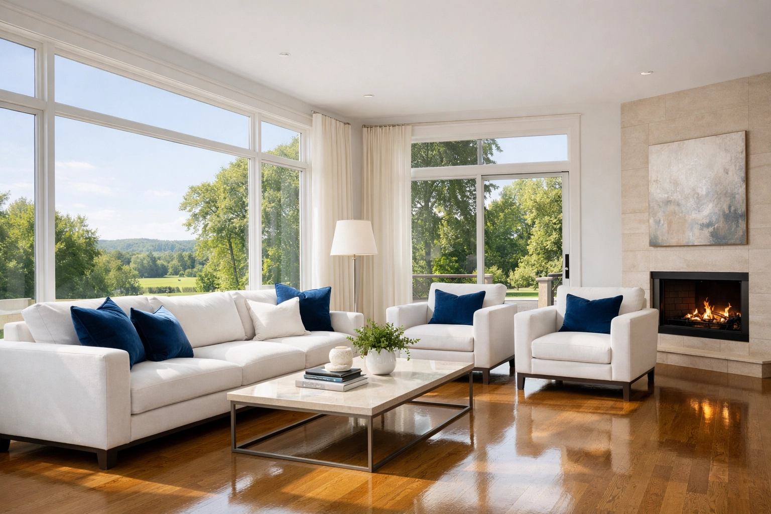Pristine living room in Maynard showing the results of consistent weekly house cleaning services.
