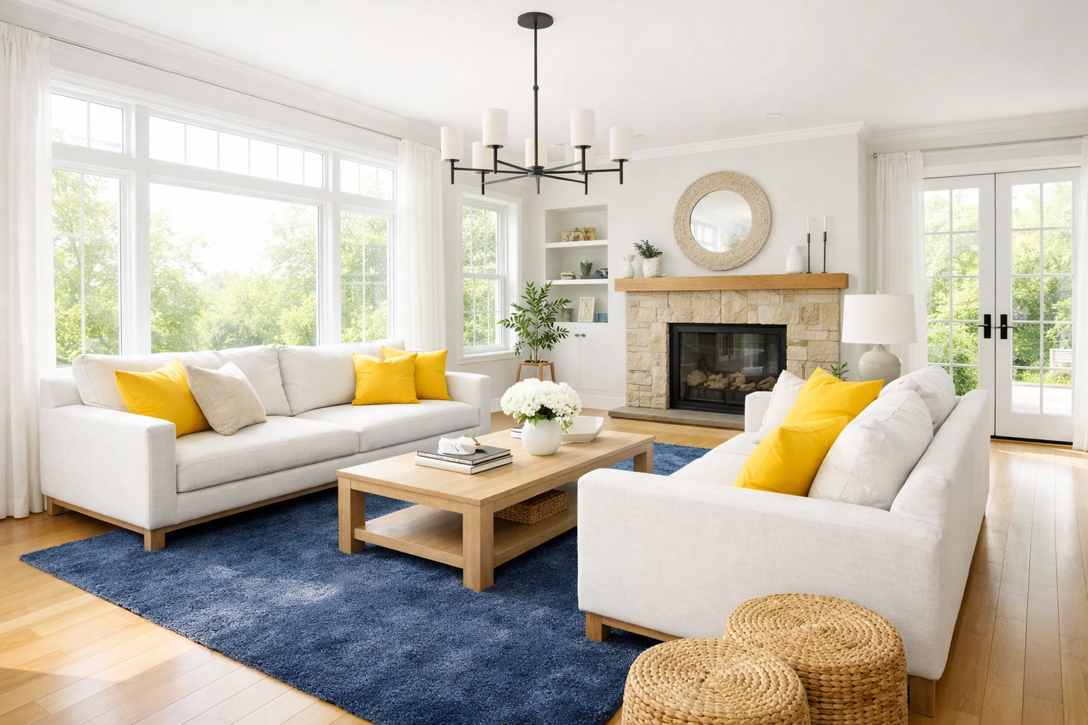A sun-drenched, professionally cleaned living room in Townsend showcasing weekly house cleaning results.