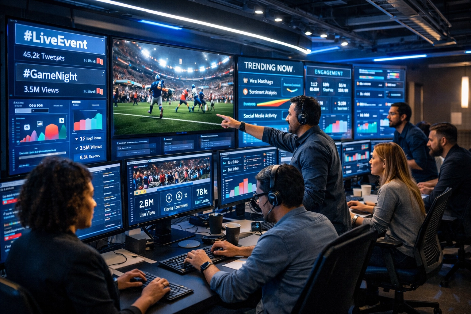 The Executive's Guide to Super Bowl Brand Activation: Turning Game Day Into Your Biggest ROI Win Marketing team monitoring real-time social media engagement during Super Bowl activation