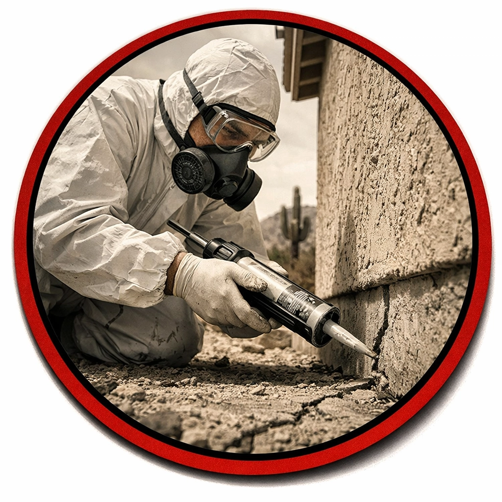 Professional pest control technician sealing foundation cracks on Coolidge home exterior