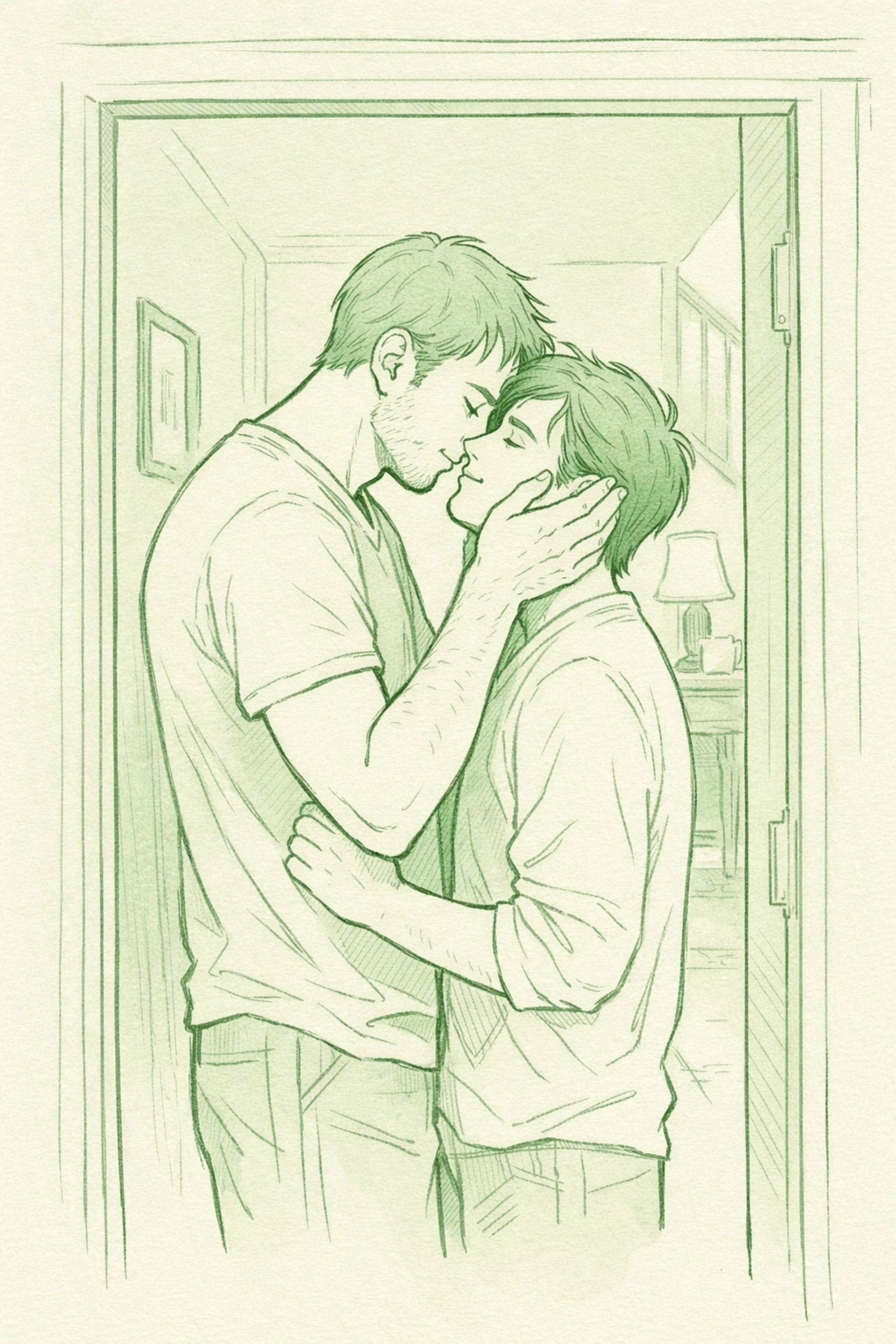 Two men embracing in doorway showing emotional intimacy in gay romance fiction
