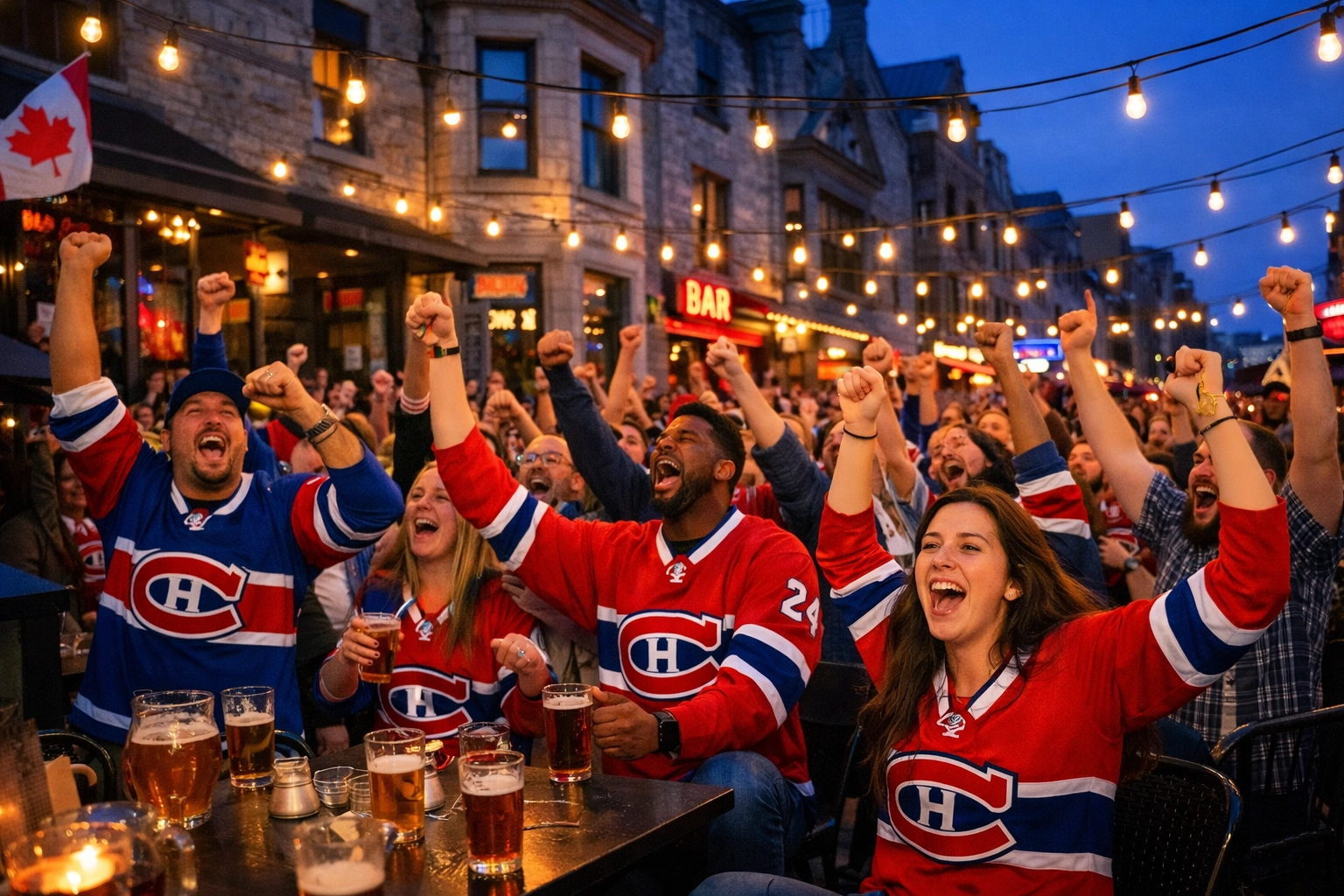 Montreal fans in team jerseys celebrating on a city terrace during a championship sports game.