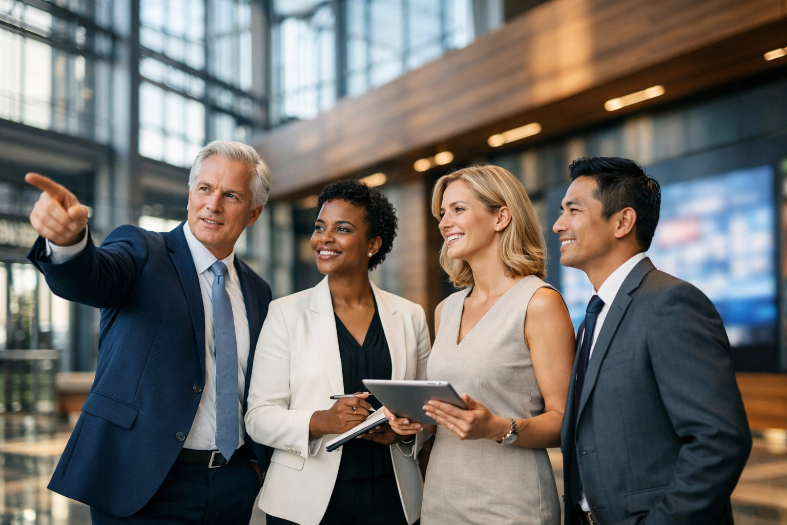Executives in a modern office discussing strategic workforce development and talent acquisition plans.