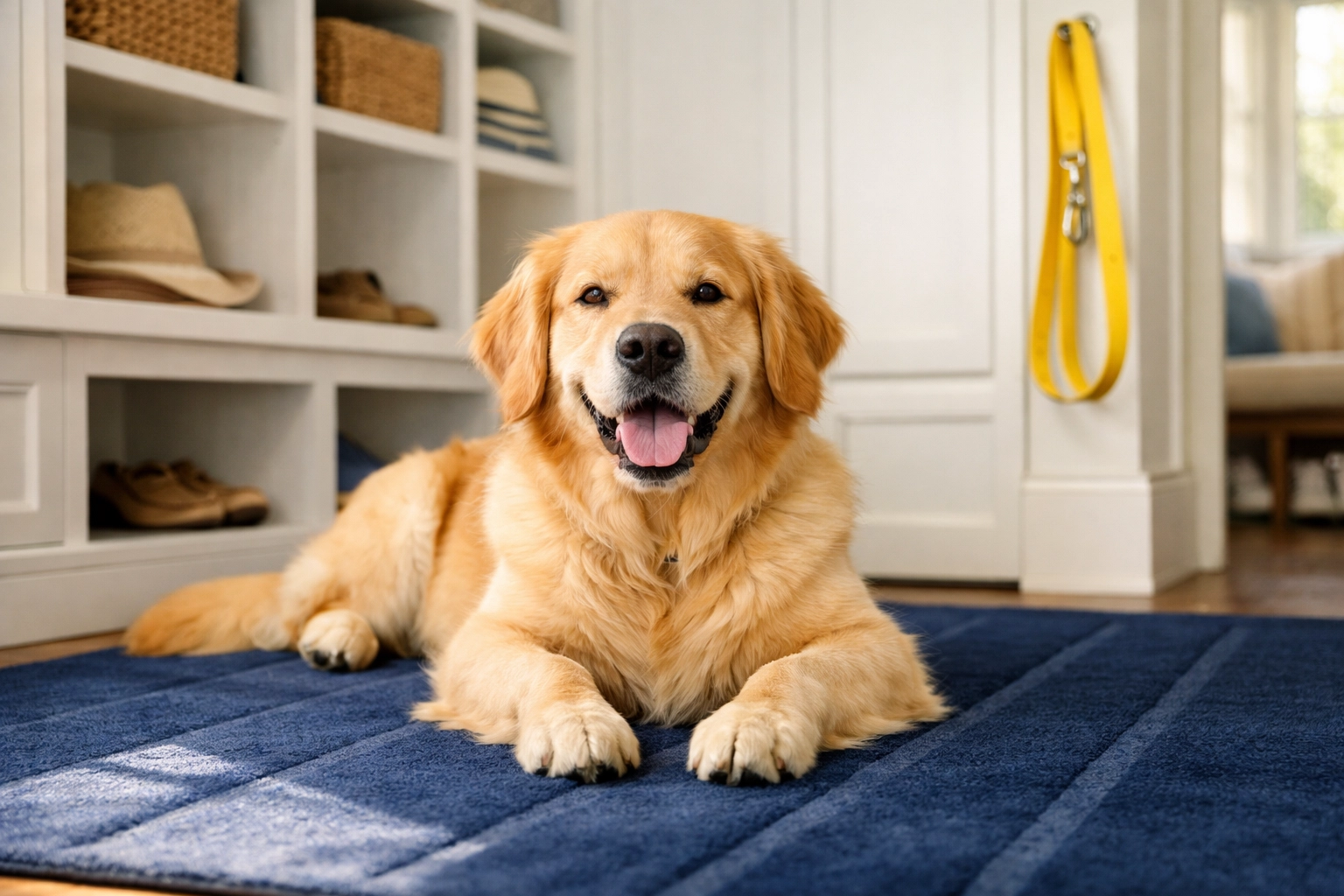 Tidy Needham mudroom and clean rug with vacuum lines after luxury house cleaning near Echo Bridge.