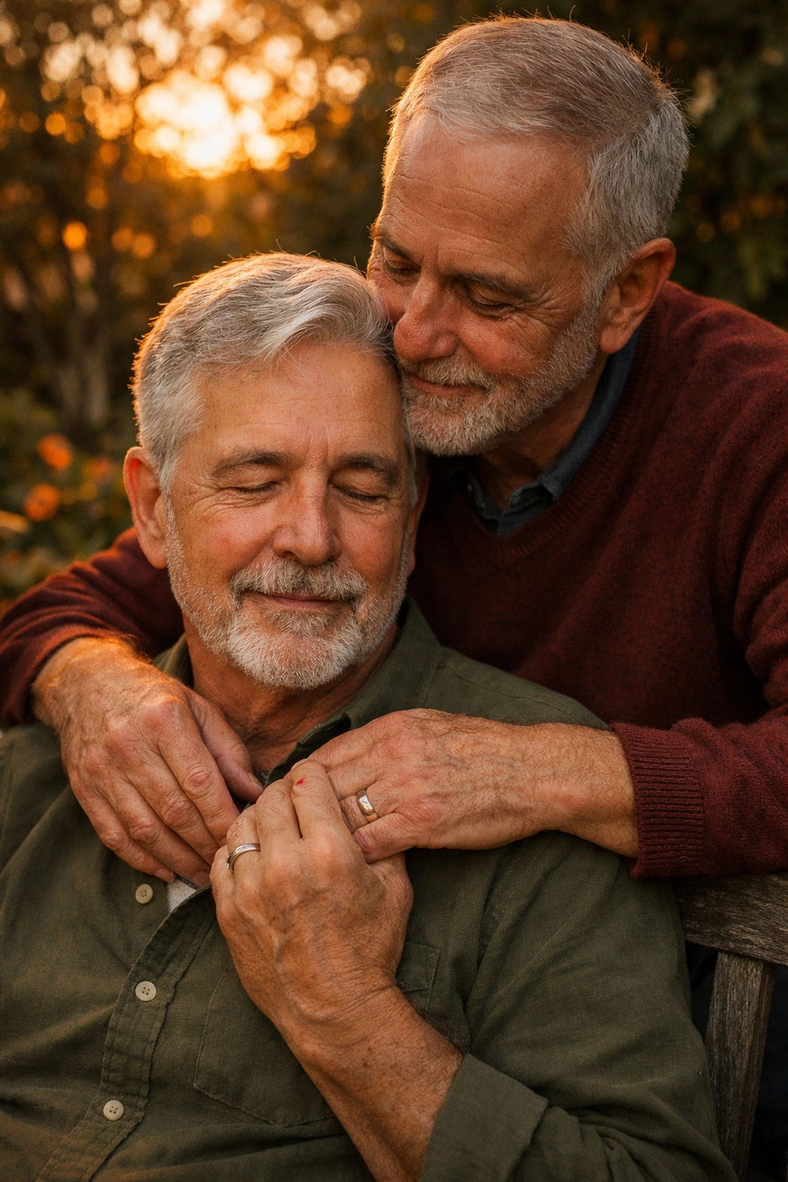 Older gay couple in a garden, capturing the long-term partnership celebrated in gay novels.