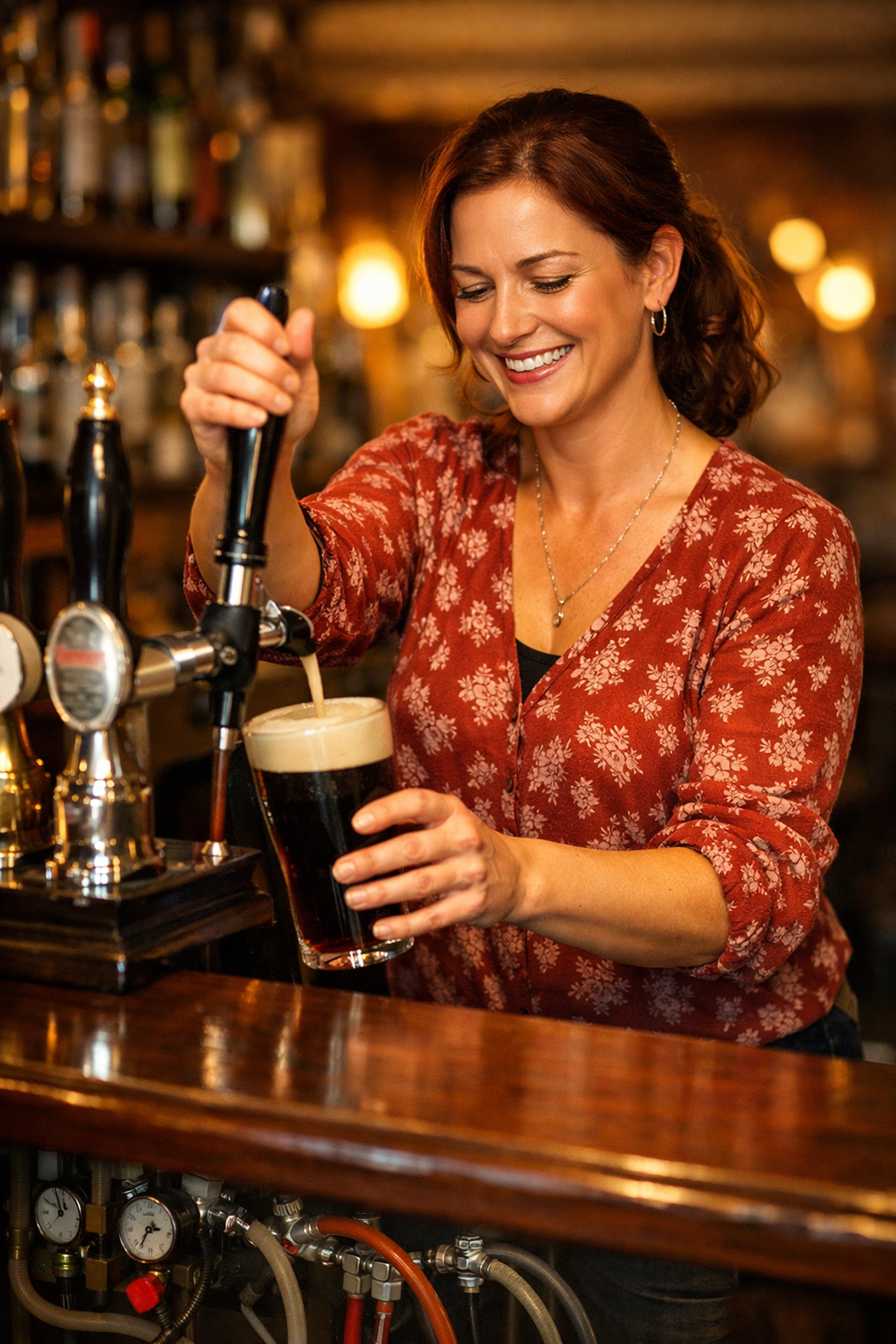 Pub landlady pouring a pint of stout in a traditional UK pub using beer cellar gas.