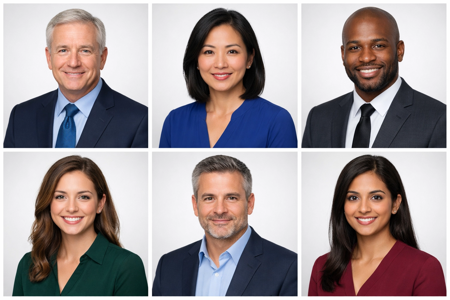 Diverse group of consistent professional corporate headshots showing team unity and professional branding.