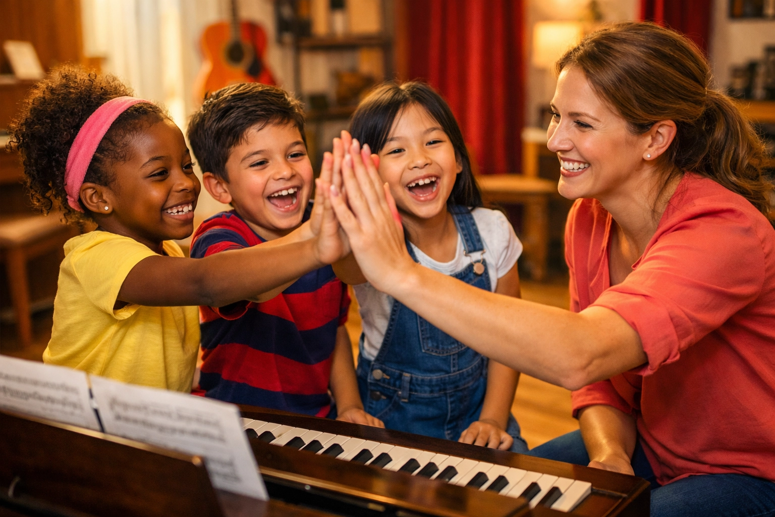 Diverse children high-fiving a piano teacher in an Atlanta music studio during beginner piano lessons for kids.