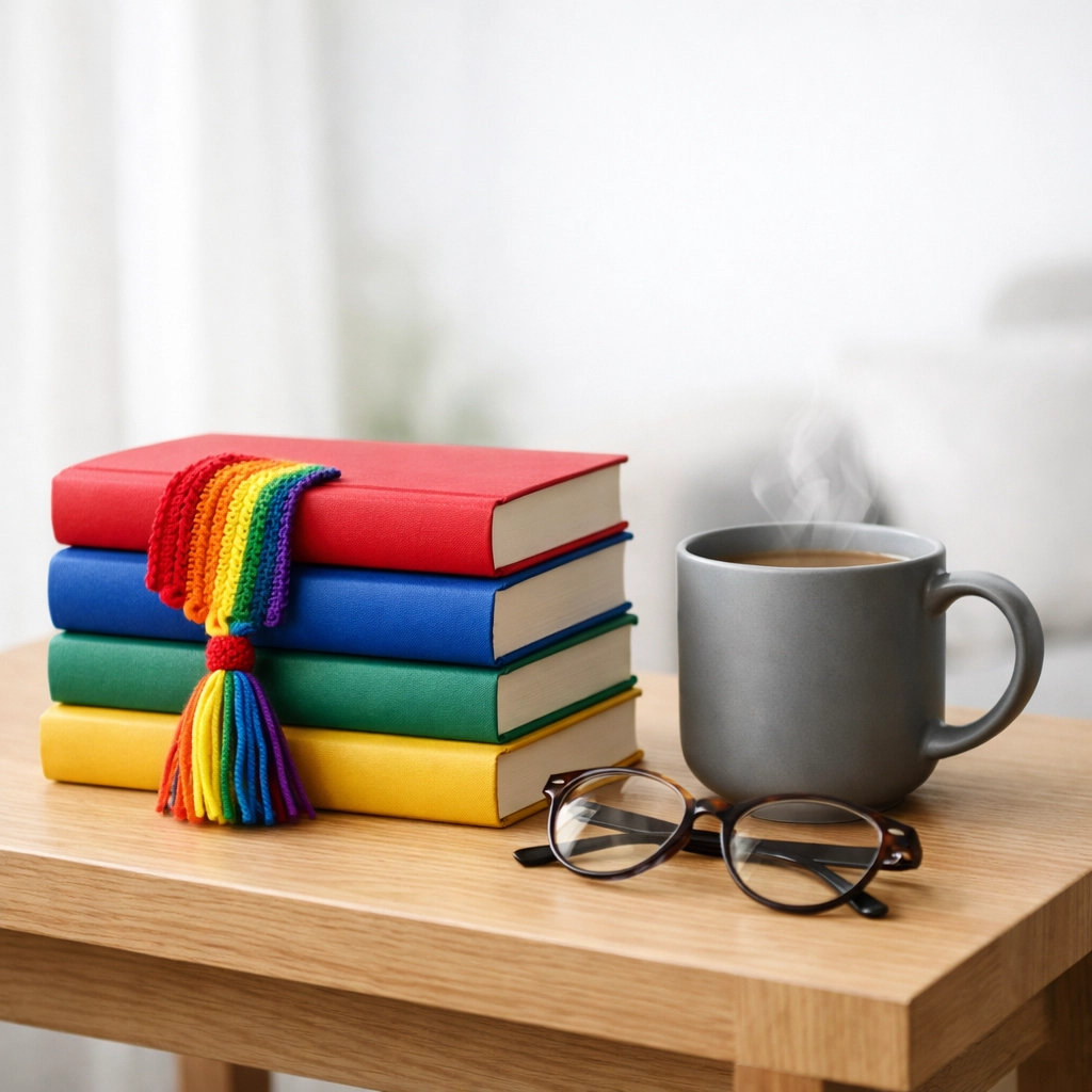 A cozy reading nook featuring LGBTQ fiction and a rainbow bookmark, connecting history with modern queer literature.