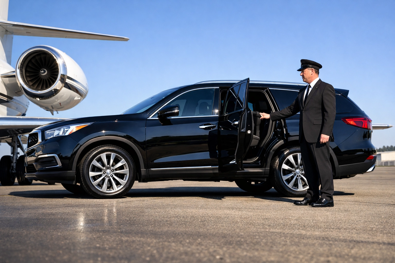 Chauffeur opening a black executive SUV door for guests next to a private jet on an airport tarmac.