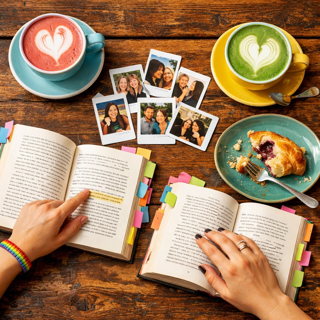 A lesbian couple enjoying a book date at a cafe with coffee and annotated queer novels.