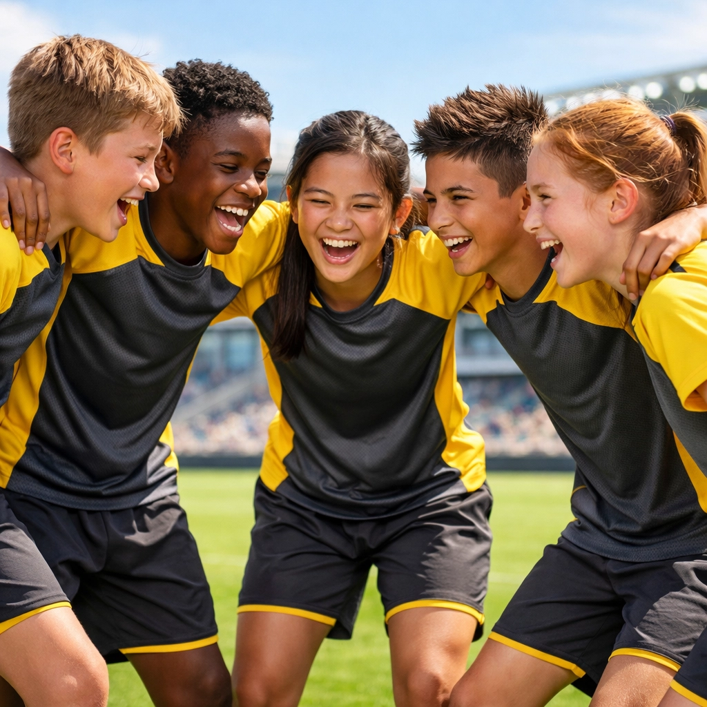 Youth soccer players wearing professional custom team jerseys on a sunny sports field.