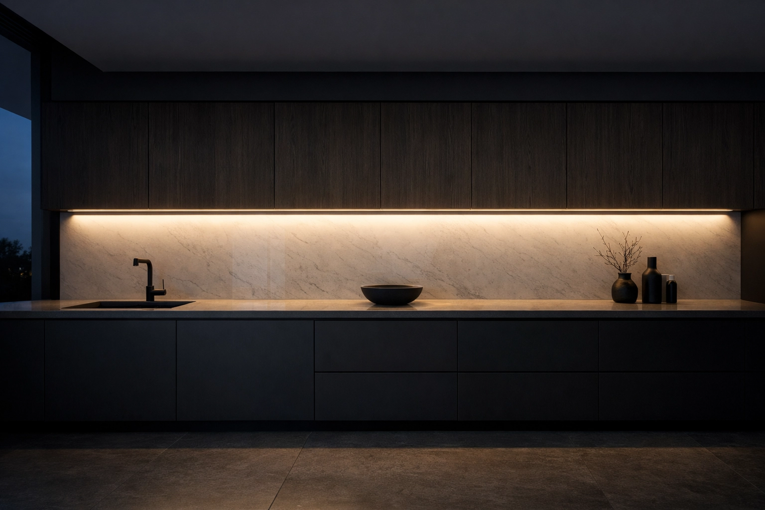 Seamless hardwired linear LED lighting under luxury kitchen cabinets for a professional dot-free glow.
