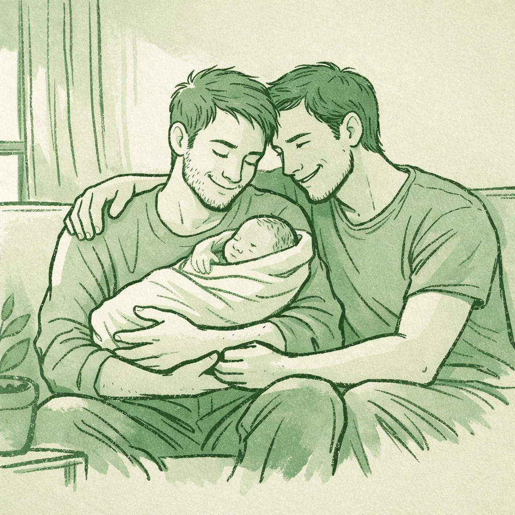Two gay fathers bonding with their newborn baby at home, celebrating queer parenthood and chosen family