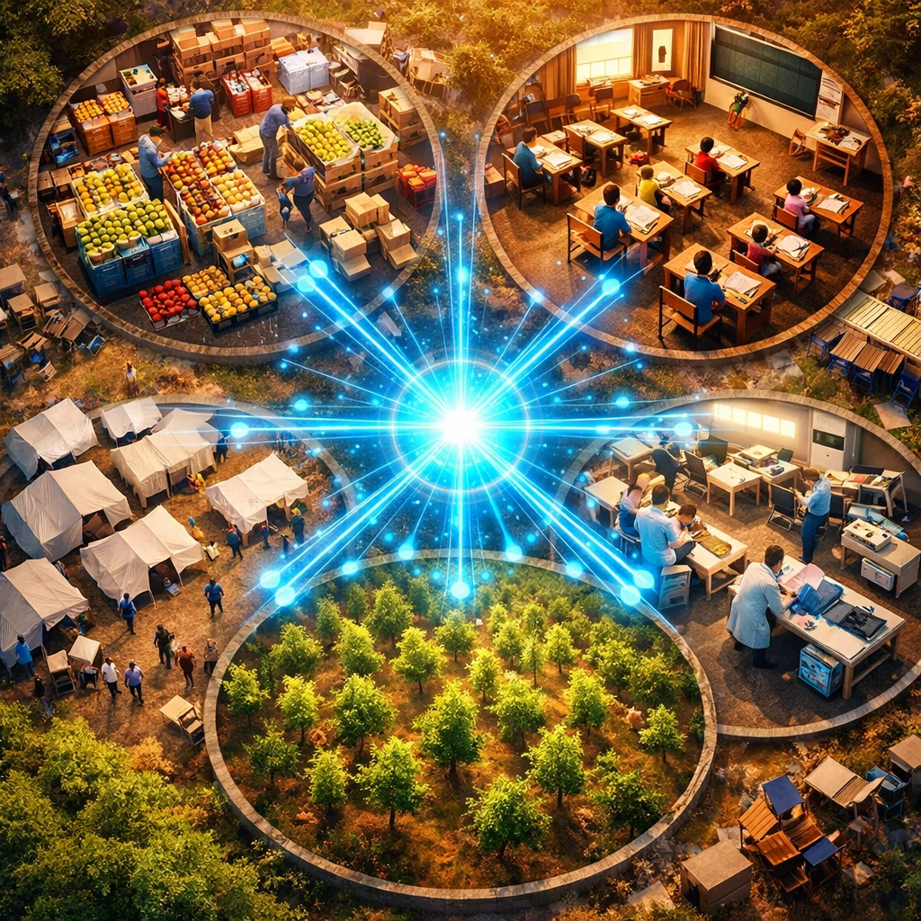 Five charitable impact zones connected by blockchain showing Larecoin's donation allocation