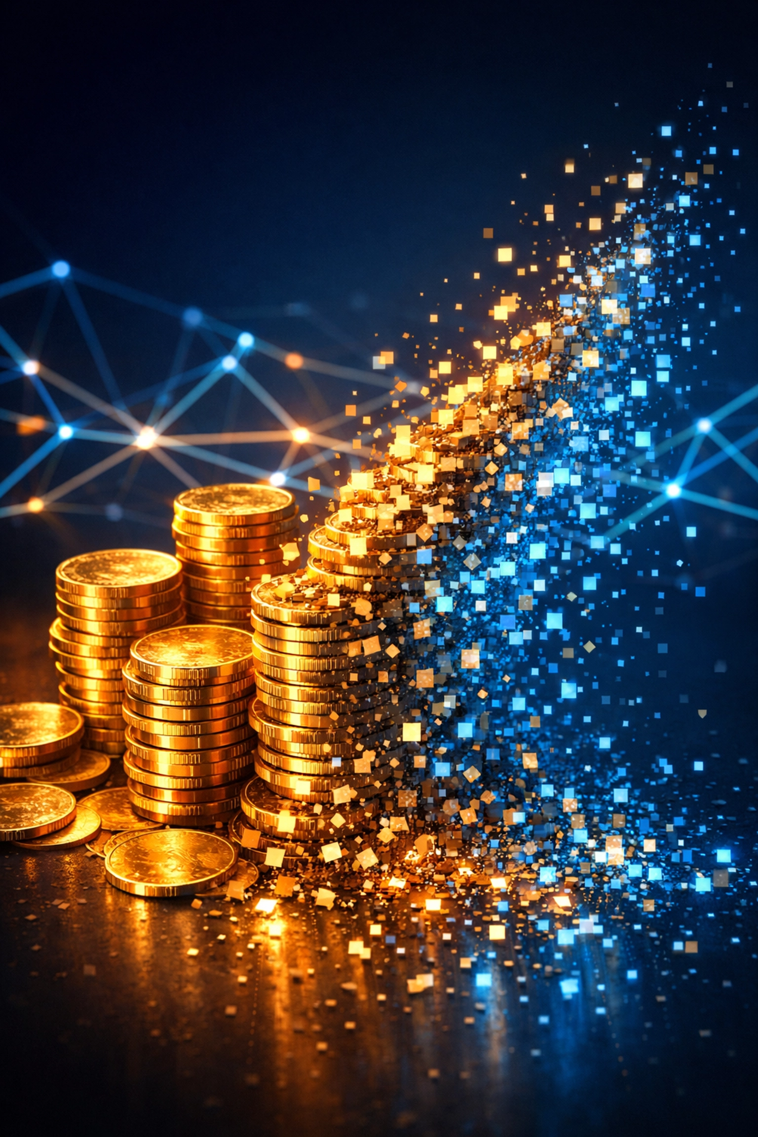 Gold coins dissolving into digital particles showing crypto transaction fees draining thousands