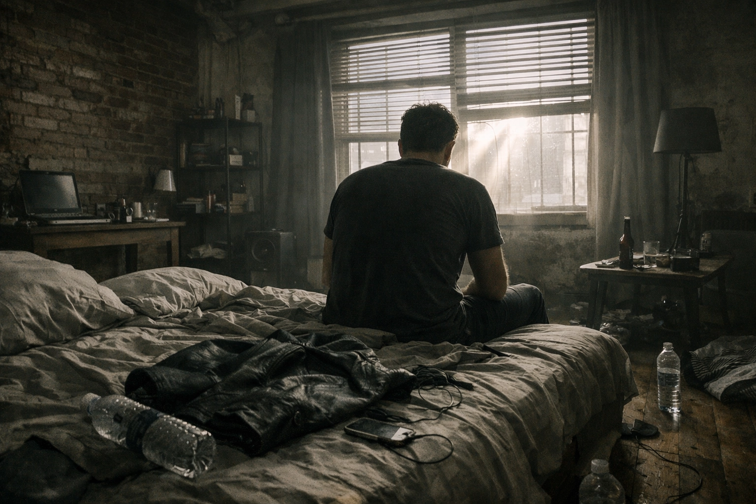 A man sitting alone in a sunlit loft, illustrating the physical and emotional crash after a gay group encounter.