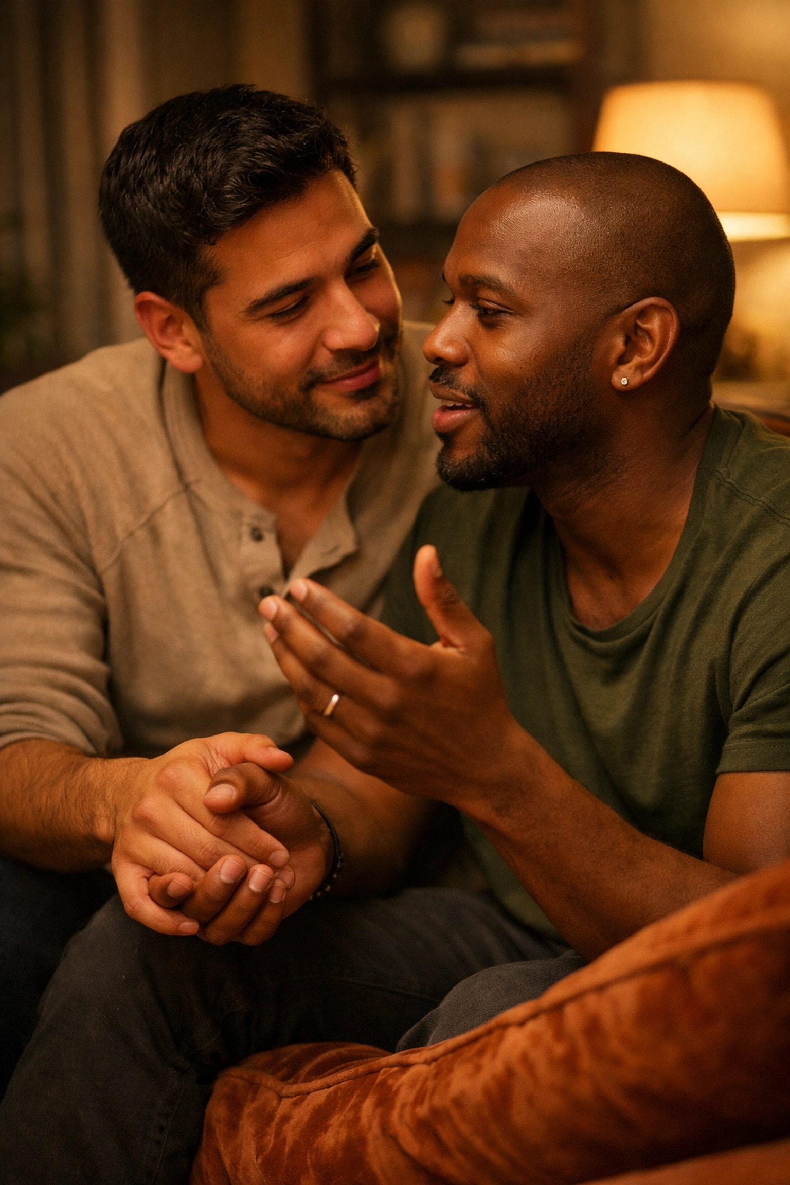 Diverse gay couple having an intimate debrief and emotional check-in on a sofa to build relationship trust.