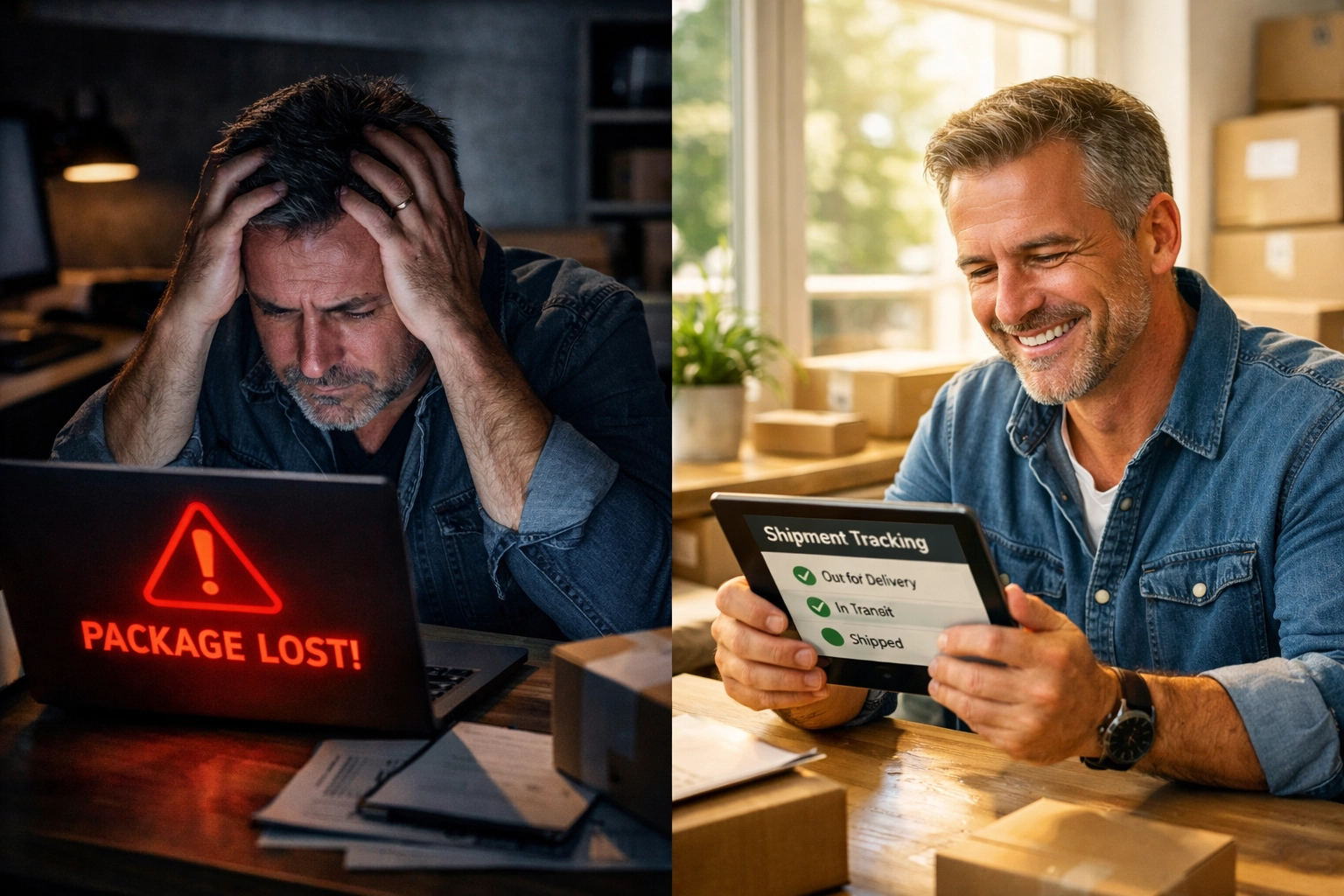 Business owner stressed over lost package versus confident tracking with shipping insurance
