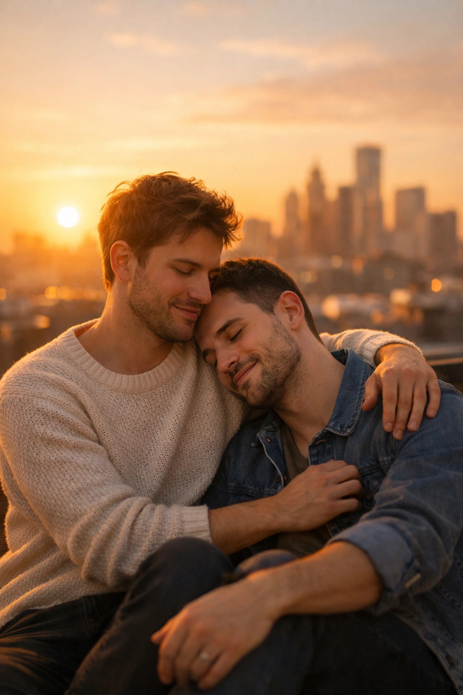 Intimate gay couple sharing a tender moment on a rooftop at sunset, depicting a heartfelt MM romance story.