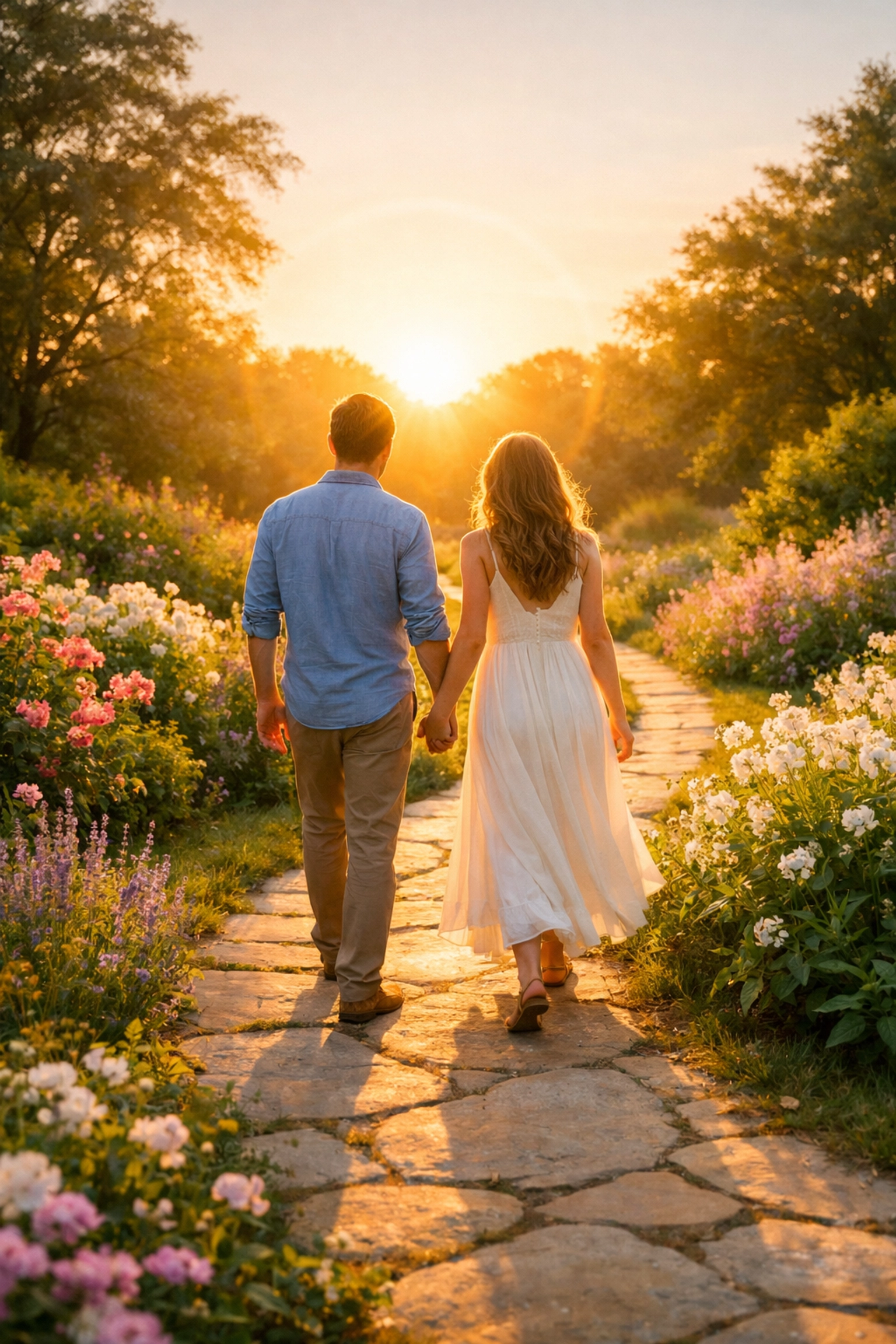Newlywed couple walking through a garden, celebrating a debt-free start to marriage.