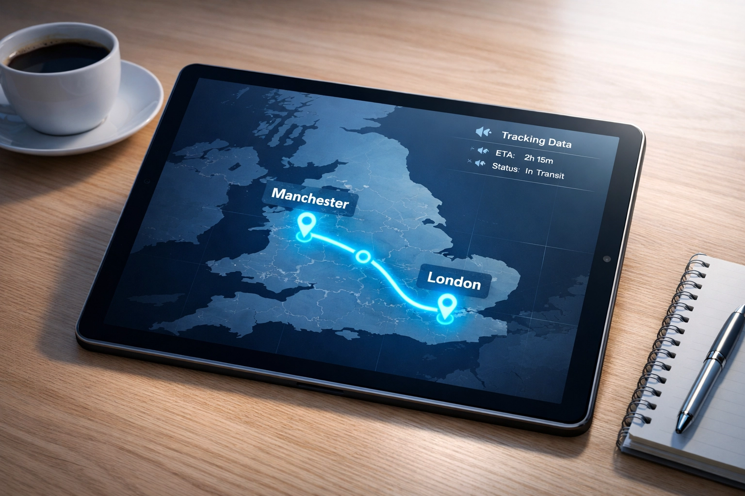 Real-time pallet tracking system showing UK delivery route from Manchester to London