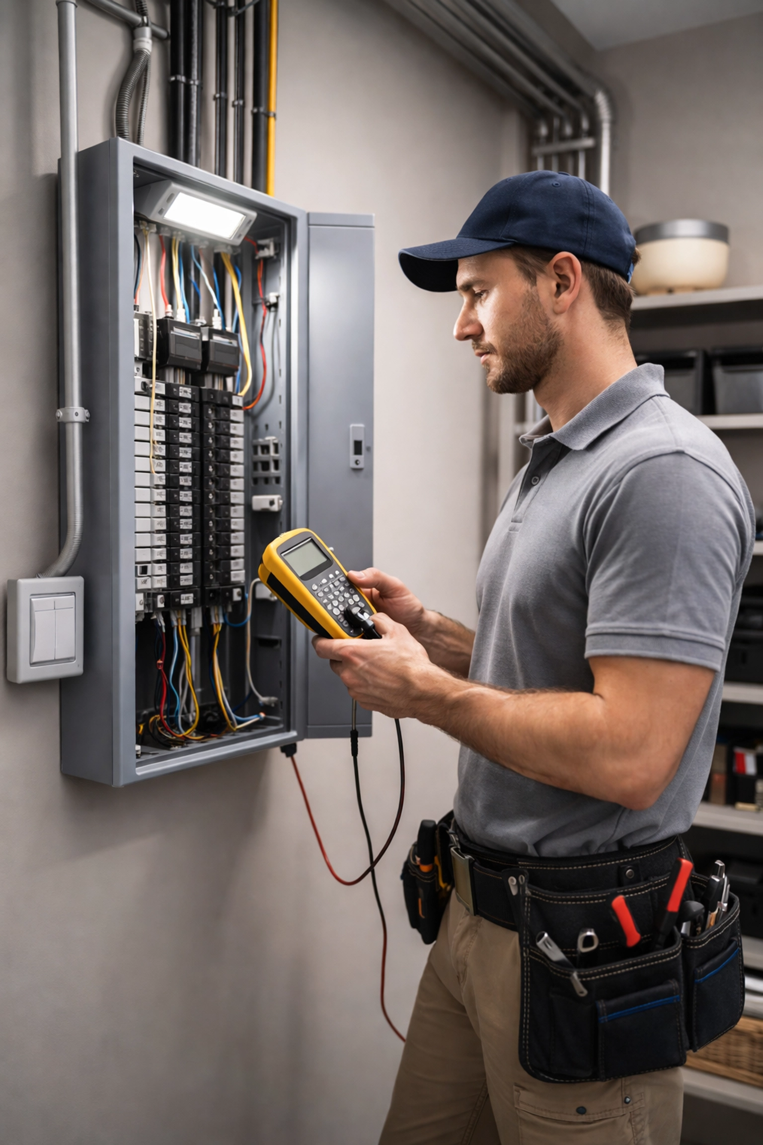 Licensed Maine electrician inspecting electrical panel for heat pump installation