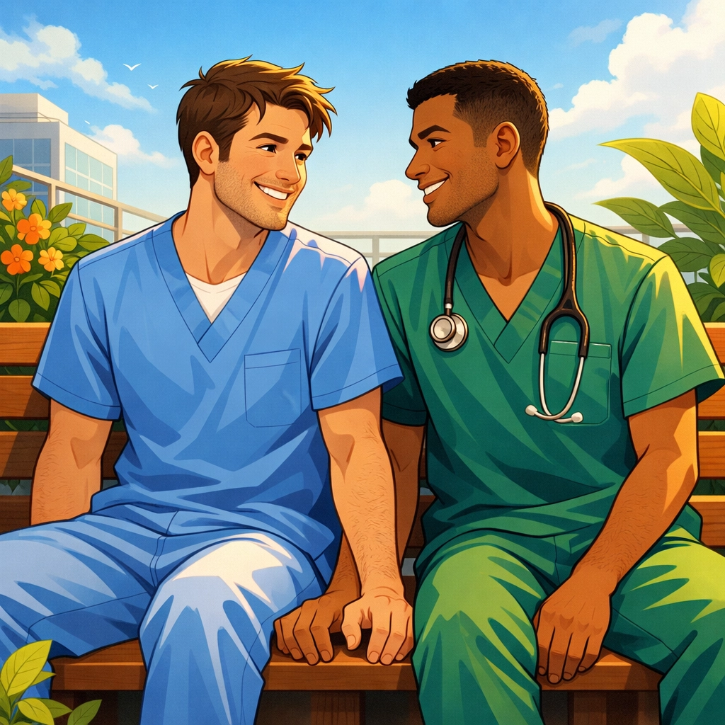 Two gay medical staff sitting together in a sunny hospital garden, showing a healing touch.