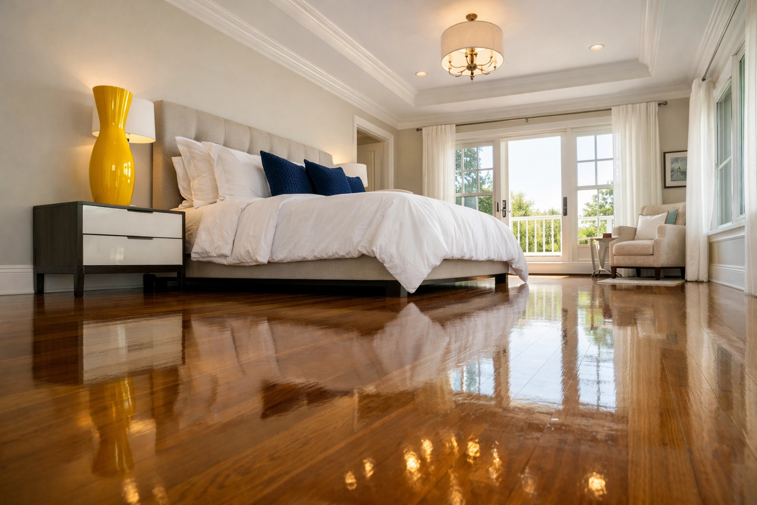 A master bedroom after a deep cleaning MA session featuring polished hardwood floors and clean baseboards.
