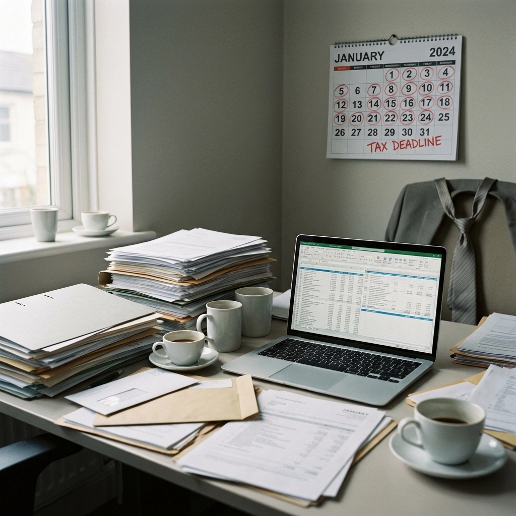 Cluttered accountant desk in January with paperwork, coffee cups, and deadlines, illustrating busy season chaos in UK accounting firms.